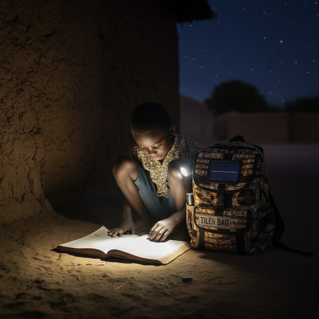 Étudiante utilisant la lampe LED TILEN BAG pour étudier la nuit